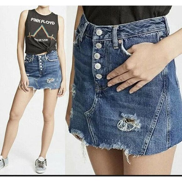 NEW Free People Distress Button Fly High Waist Denim Harvey Mini Skirt 25 $60 - Picture 2 of 11
